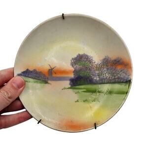 Vintage Mid Century Hand Painted Plate Japan 1960s Windmill Purple Floral